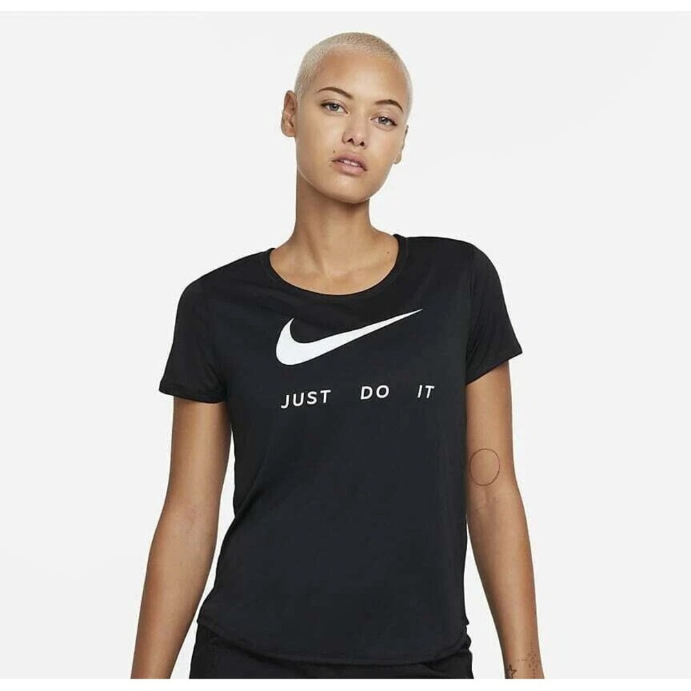 NWT Nike Just Do It Dri Fit Womens Short Sleeve Running Shirt Black Size XS